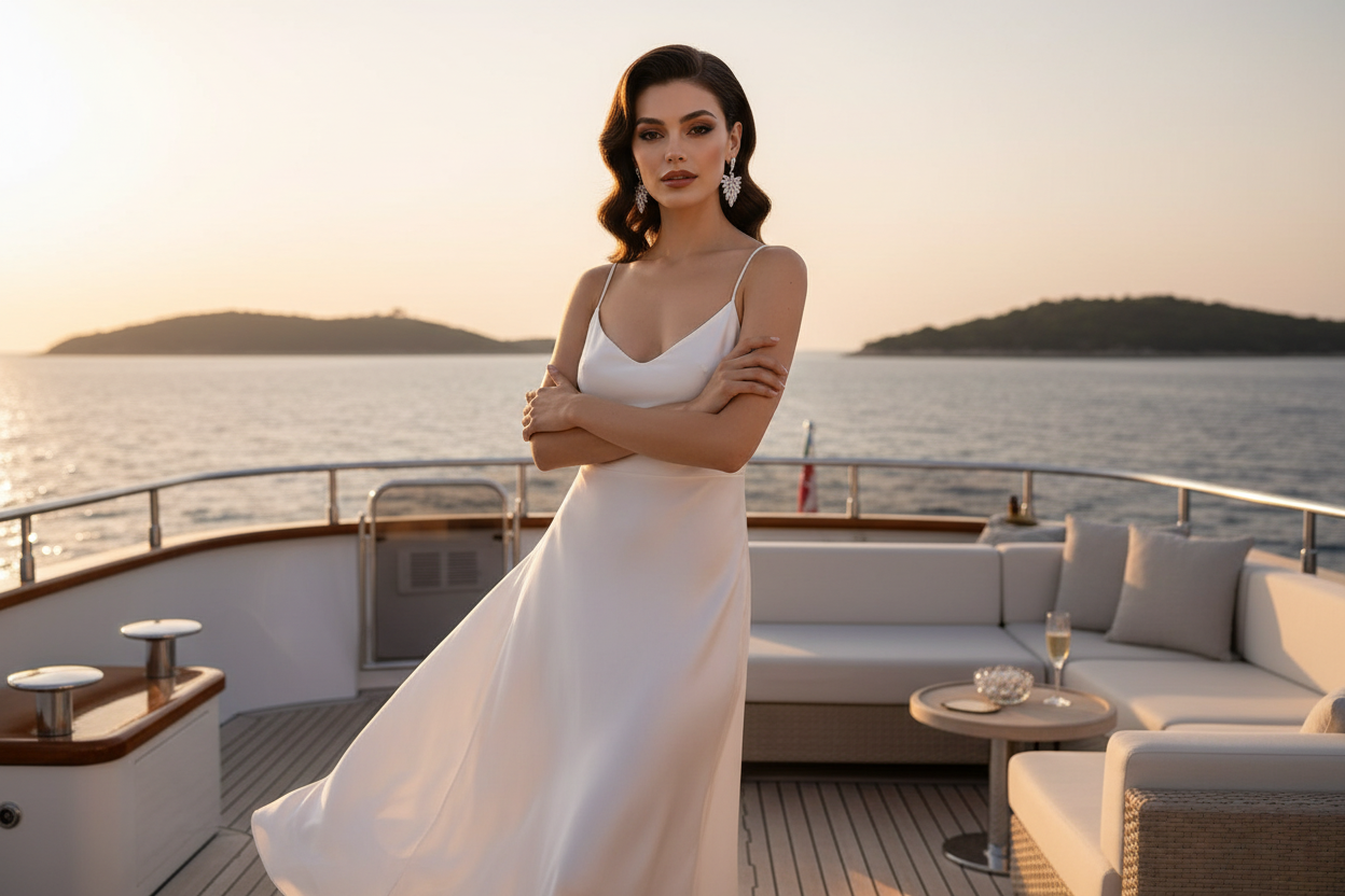 Glamorous γυναίκα με Aurelia earrings σε σκάφος