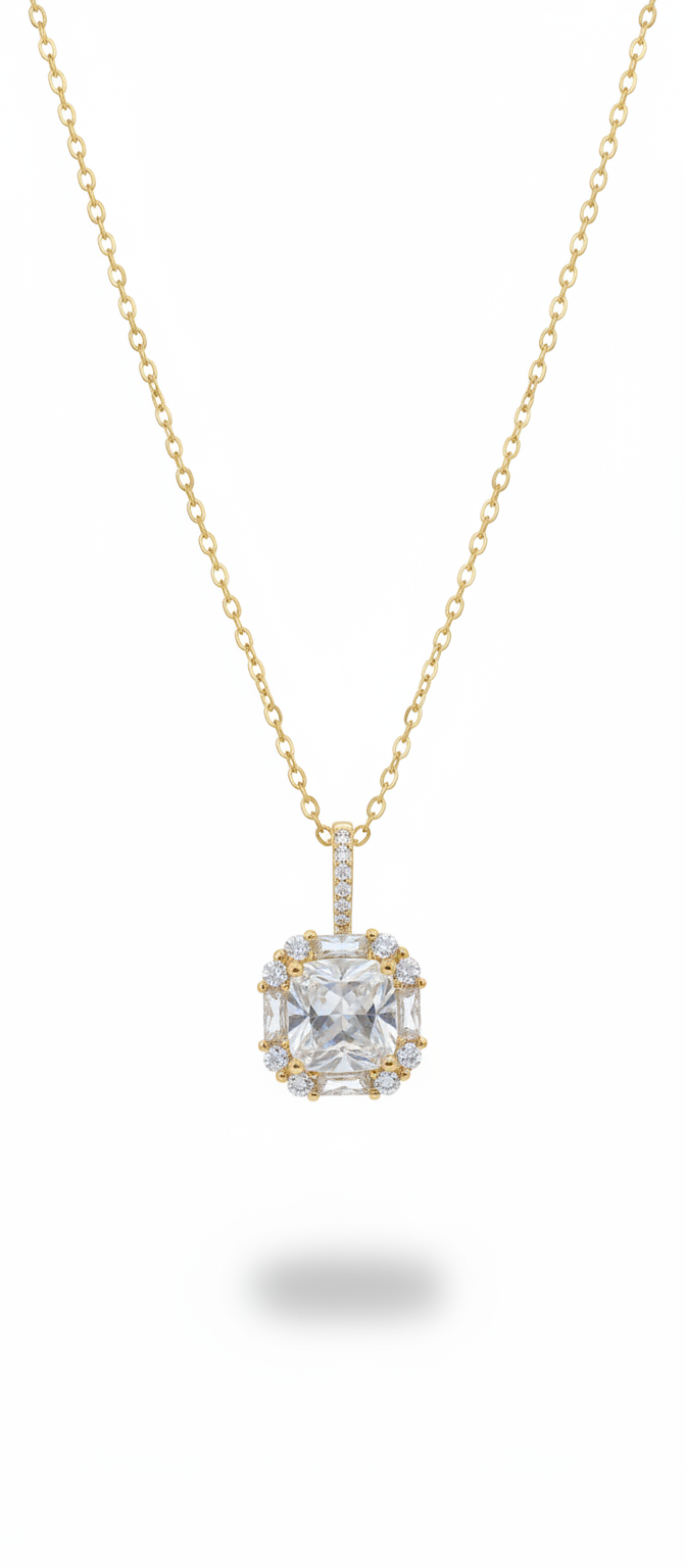 Aurelia Crystal Halo Necklace - Luxury Gold Chain with Cushion-Cut Pendant Aurelia the Golden One